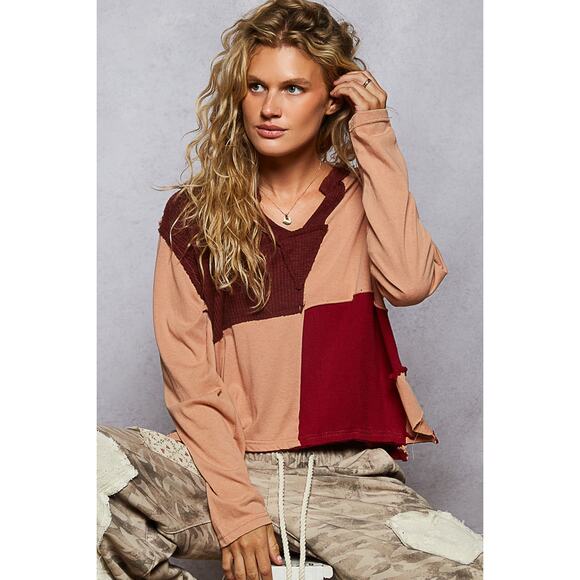 POL Color Block Contrast Notch Neck Long Sleeves Relaxed Fit Top | Burnt Coral - Picture 6 of 6